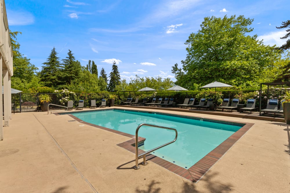 Large swimming pool on a bright sunny day at Skyline Redmond in Redmond, Washington