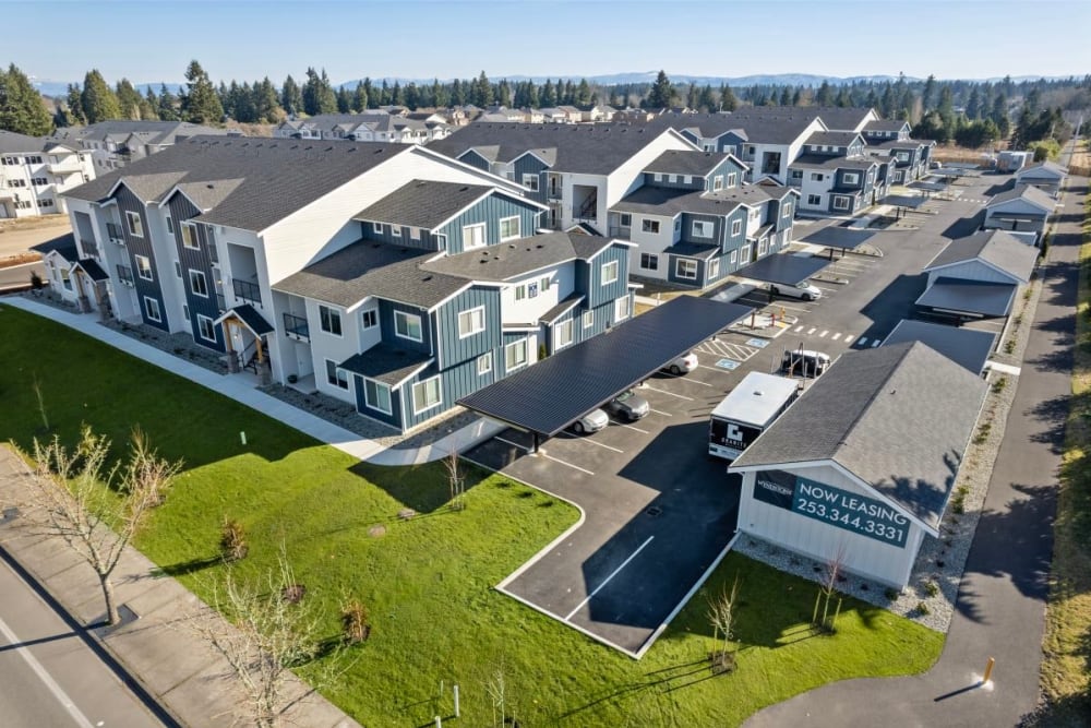 Aerial view of the residential area at Wyndstone Apartments in Yelm, Washington