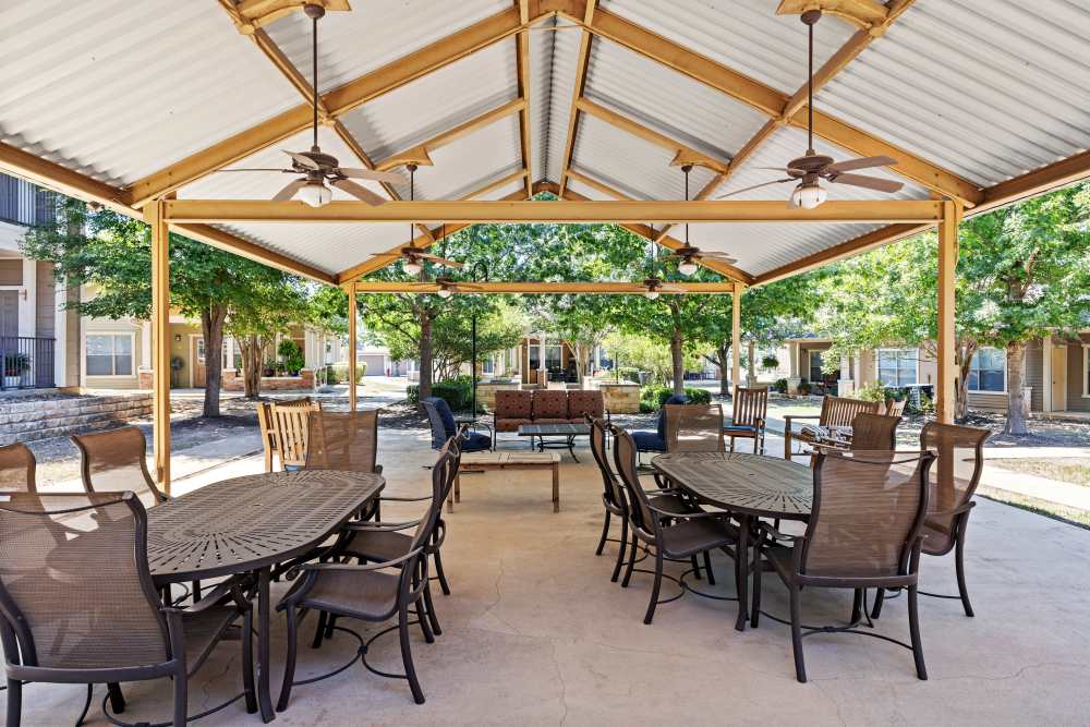 Outdoor lounge at Mariposa at River Bend in Georgetown, Texas