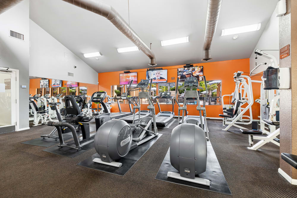 Large fitness center with various workout equipment at Allina La Jolla in San Diego, California