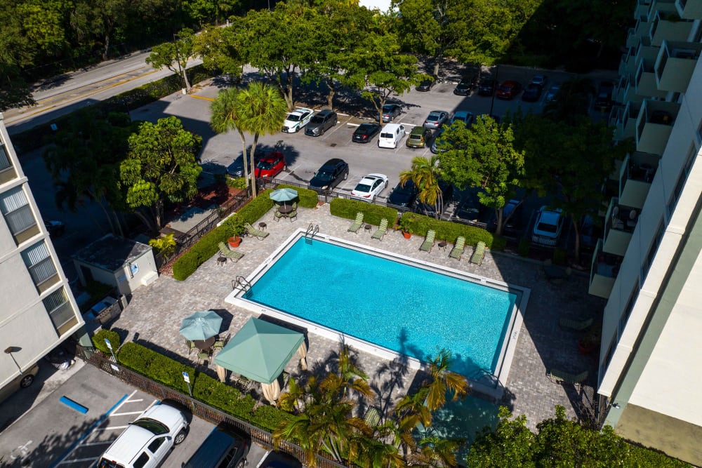 An aerial view of the swimming pool at Forest Place in North Miami, Florida