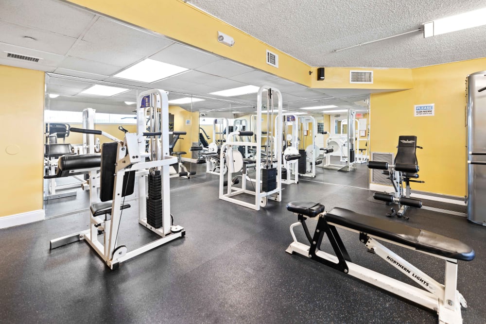 Weightlifting equipment in the fitness center at Forest Place in North Miami, Florida