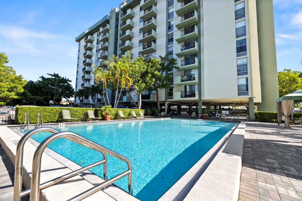 The sparkling resort-style swimming pool at Forest Place in North Miami, Florida