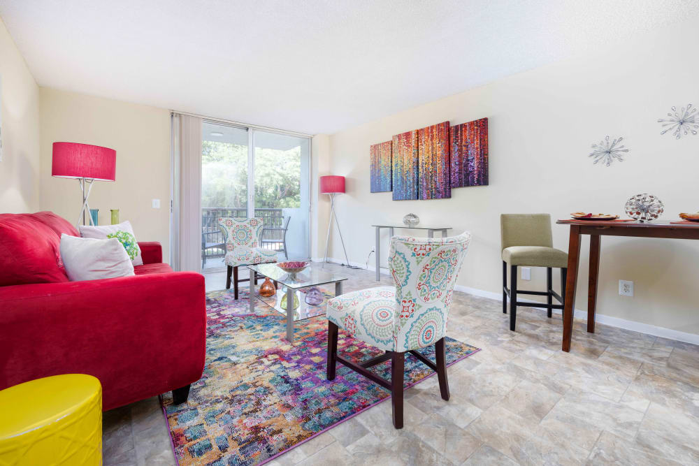 A sunlit, furnished living room in a model apartment at Forest Place in North Miami, Florida