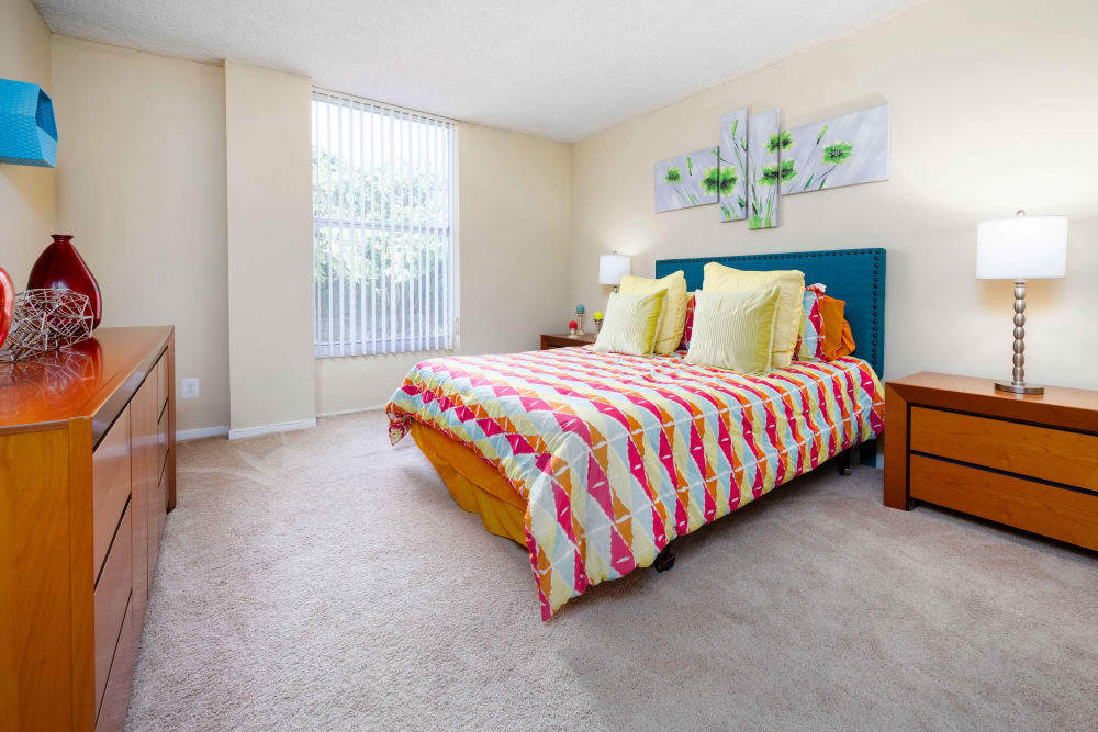 Plush carpet in a furnished apartment bedroom at Forest Place in North Miami, Florida