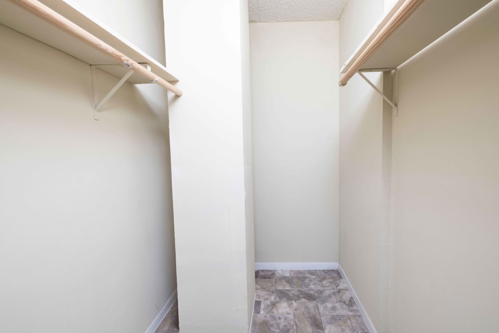A walk-in closet in an apartment at Forest Place in North Miami, Florida