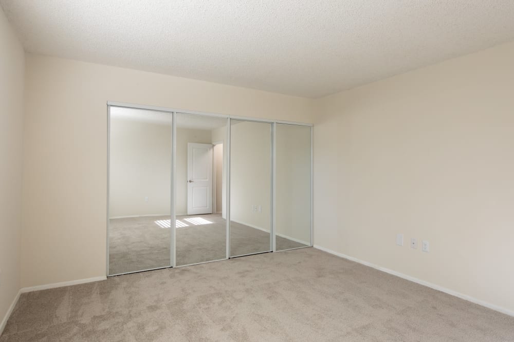 Plush carpeting and mirrored closet doors in an apartment bedroom at Millspring Commons in Richmond, Virginia