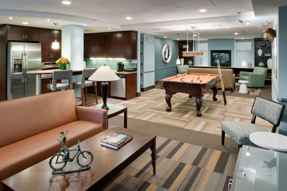 Clubhouse with a billiards table at Camelot Court in Brighton, Massachusetts