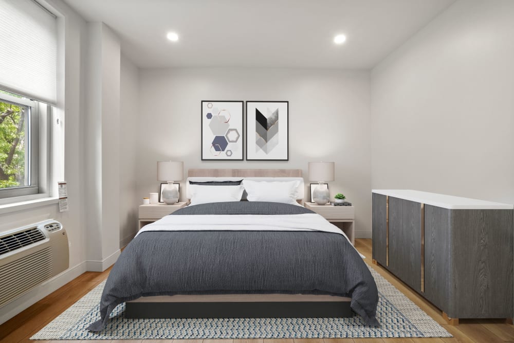 Another style master bedroom in a one bedroom at Camelot Court in Brighton, Massachusetts
