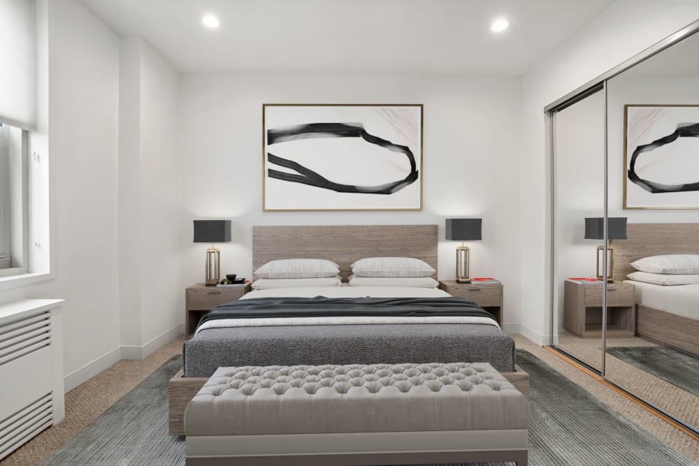 Master bedroom in a one bedroom at Camelot Court in Brighton, Massachusetts