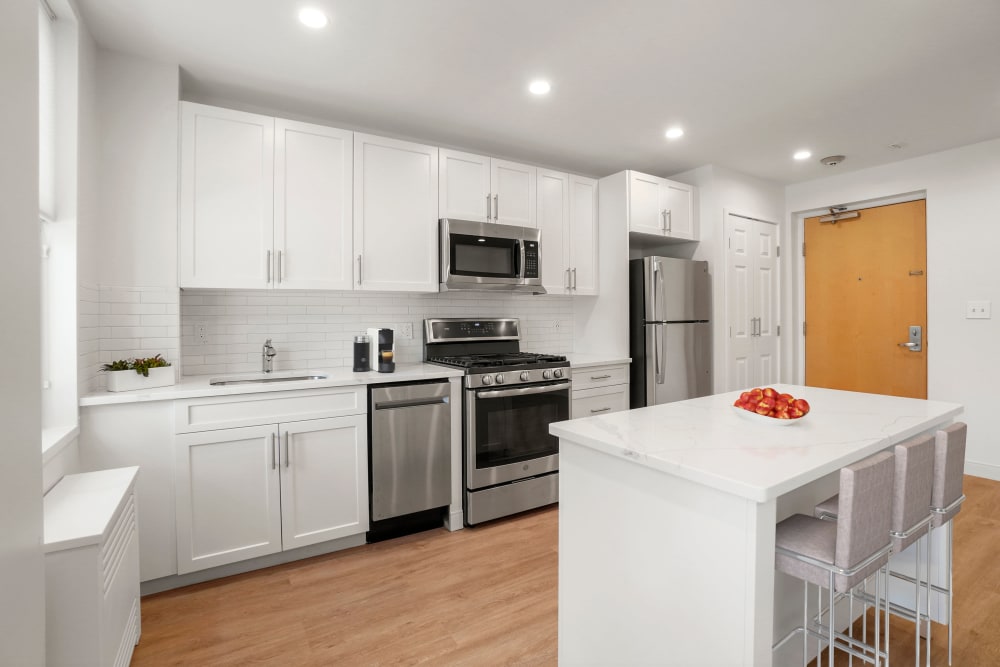One bedroom modern kitchen at Camelot Court in Brighton, Massachusetts 
