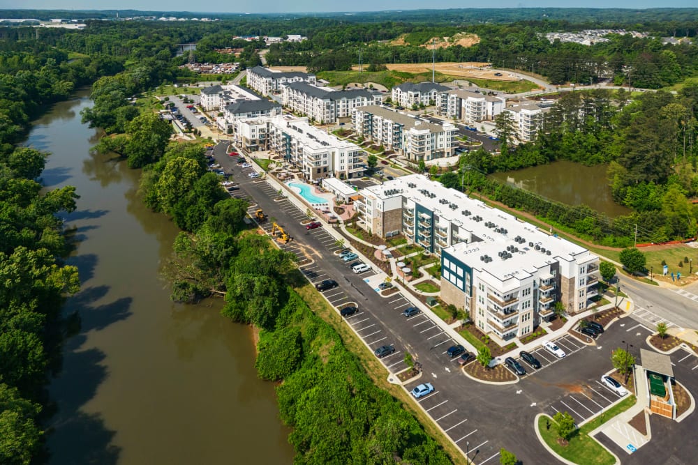 aerial view with canal at Series at Riverview Landing in Mableton, Georgia