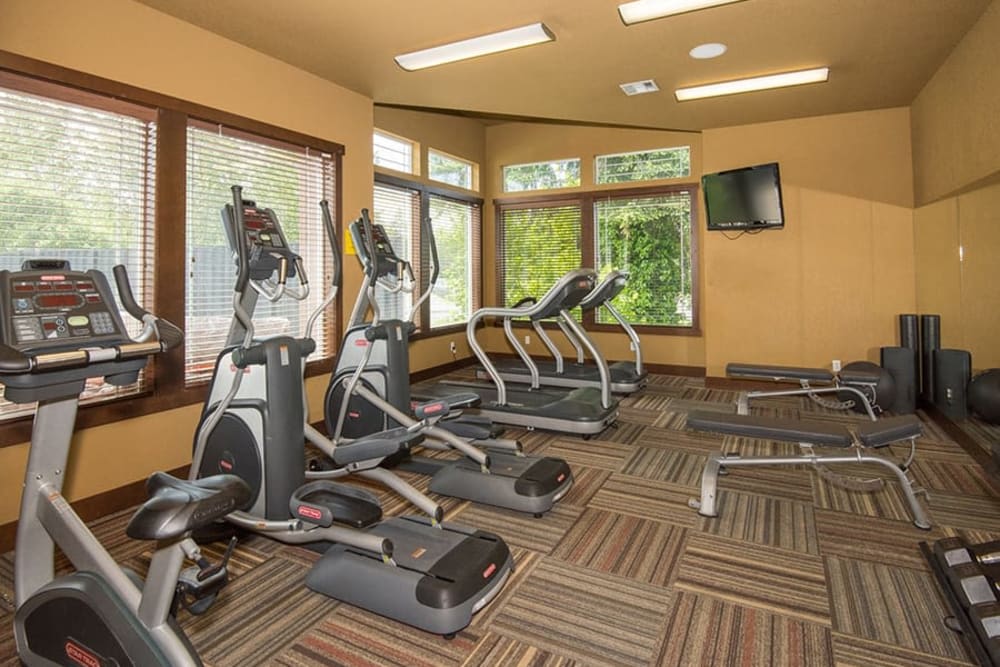 Modern gym fitness room with large windows and treadmills at Bella on Canyon in Puyallup, Washington