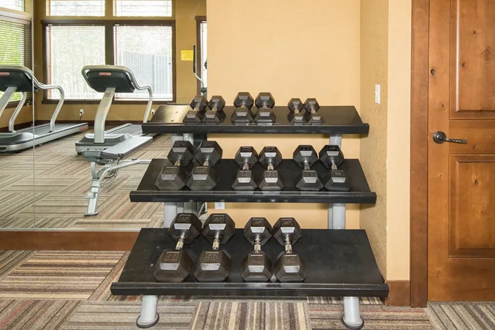 Weight lifting equipment in the fitness center at Bella on Canyon in Puyallup, Washington