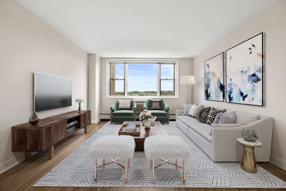One bedroom living space with wood-style flooring at Parkside Place in Cambridge, Massachusetts