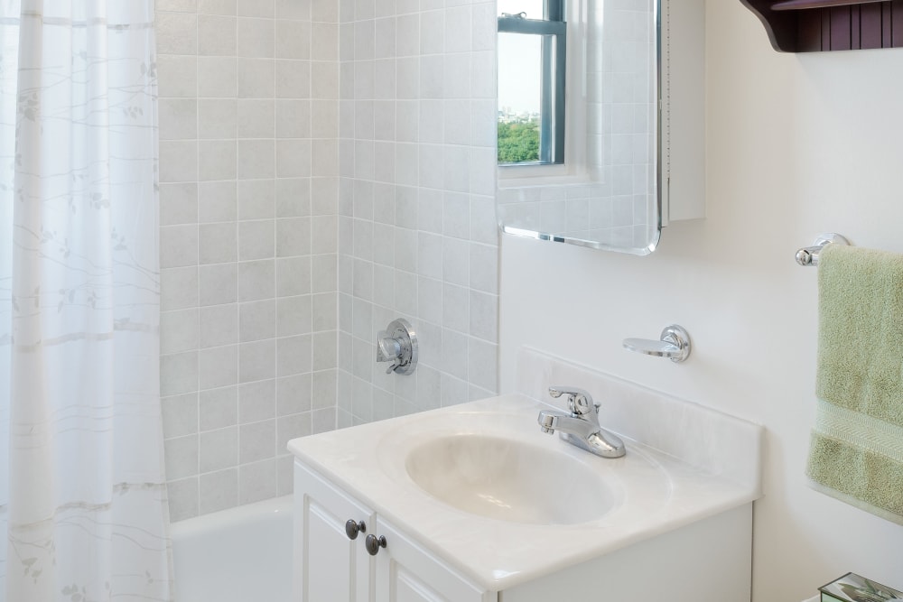 Two bedroom bathroom with great lighting at Parkside Place in Cambridge, Massachusetts