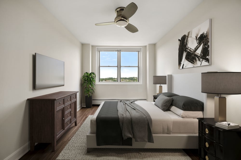 Comfortable bedroom in the three bedroom floor plan at Parkside Place in Cambridge, Massachusetts