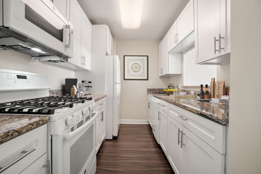 Three bedroom modern kitchen with a kitchen island at Parkside Place in Cambridge, Massachusetts