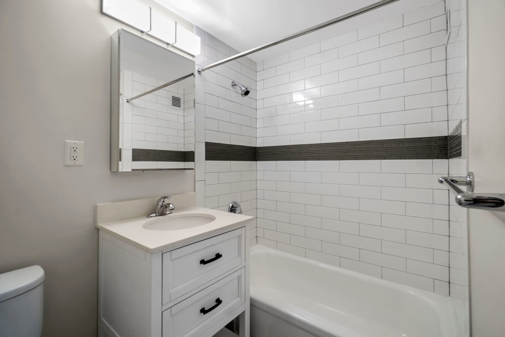 Three bedroom bathroom with great lighting at Parkside Place in Cambridge, Massachusetts