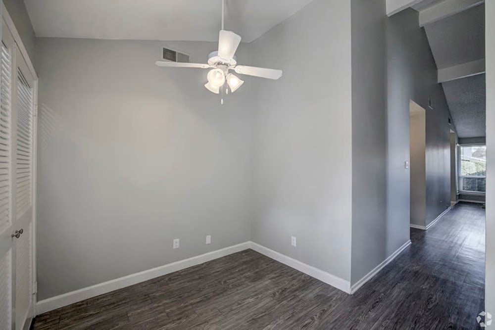 Model apartment with ceiling fan at Espana East in Sacramento, California