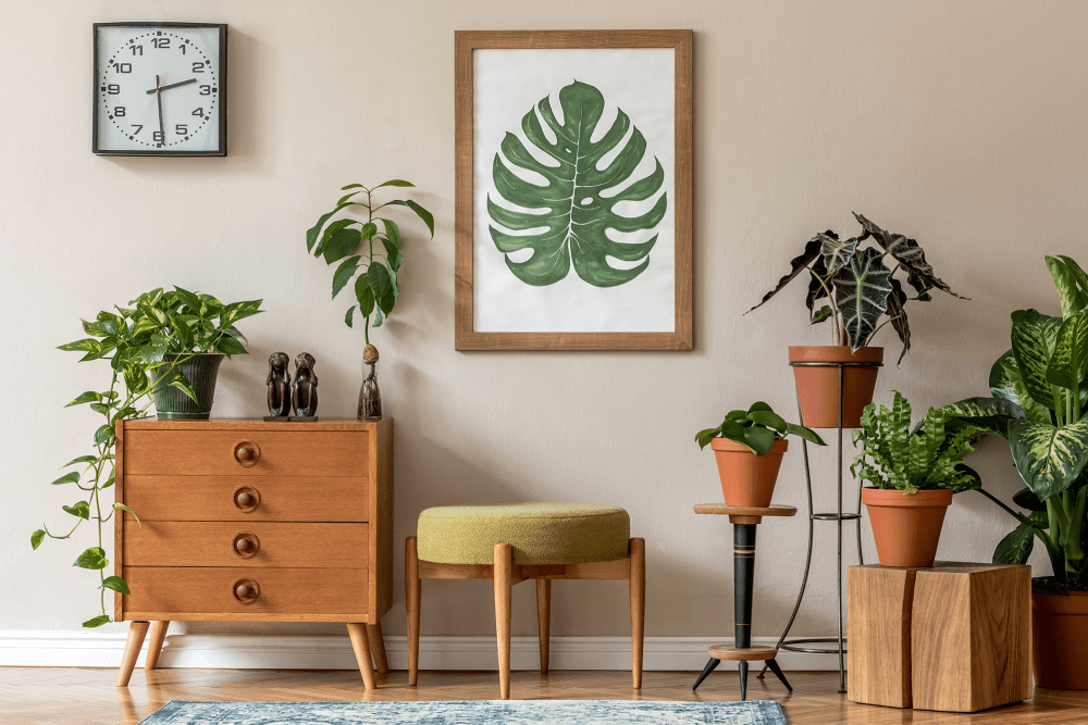 Variety of house plants in living room at Shaff Square Apartments in Stayton, Oregon