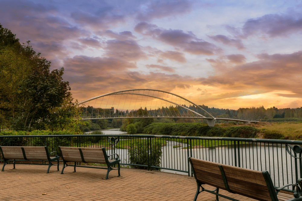 Beautiful sunset and river at Shaff Square Apartments in Stayton, Oregon