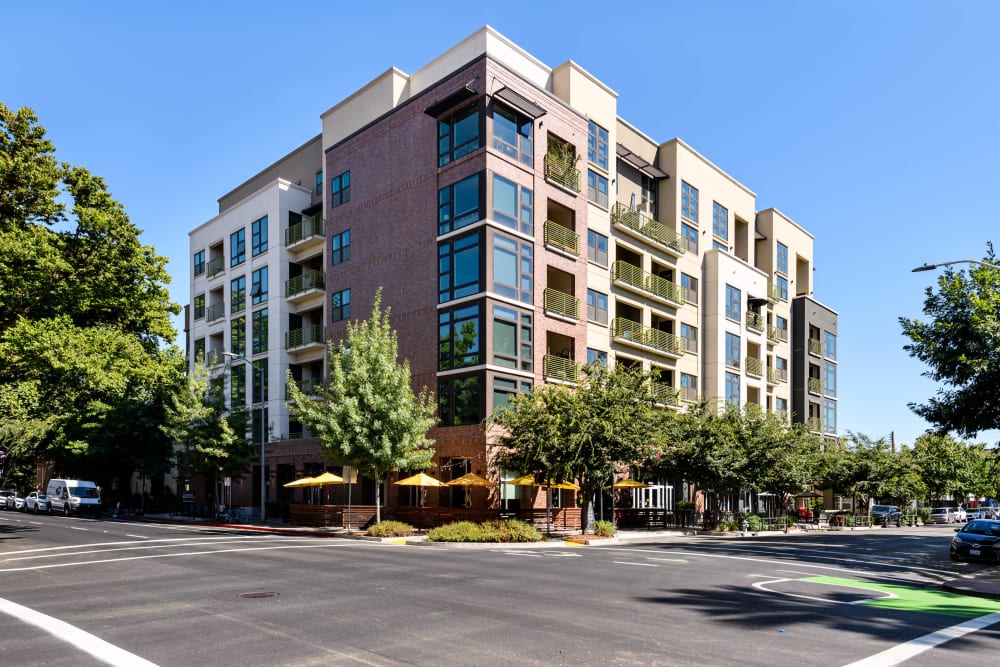 Building exterior at 16 Powerhouse Apartments in Sacramento, California