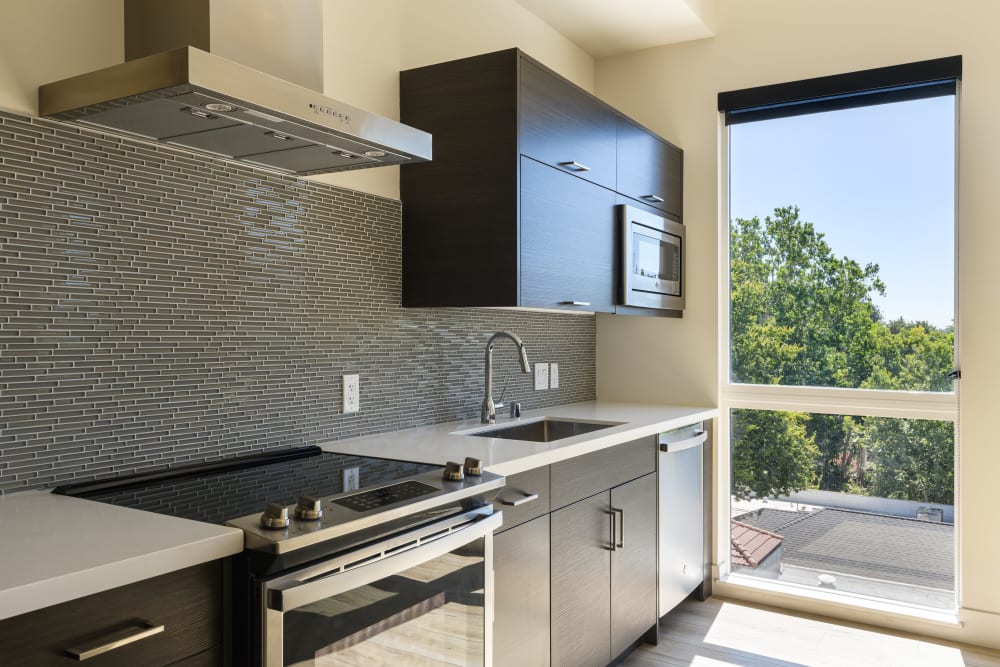 Modern kitchen at 16 Powerhouse Apartments in Sacramento, California