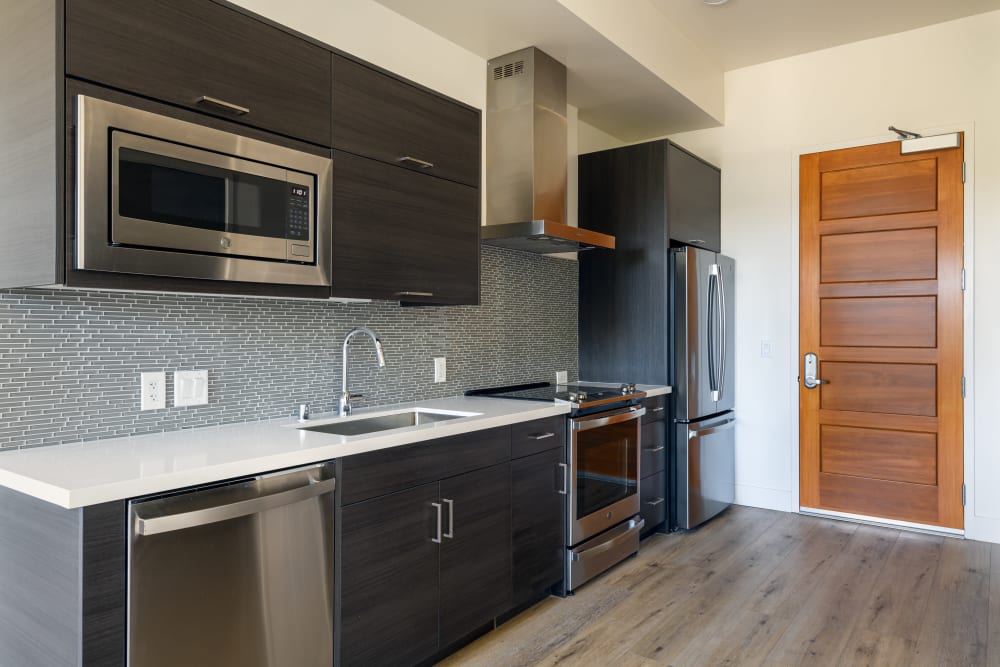 Model kitchen with stainless-steel appliances at 16 Powerhouse Apartments in Sacramento, California