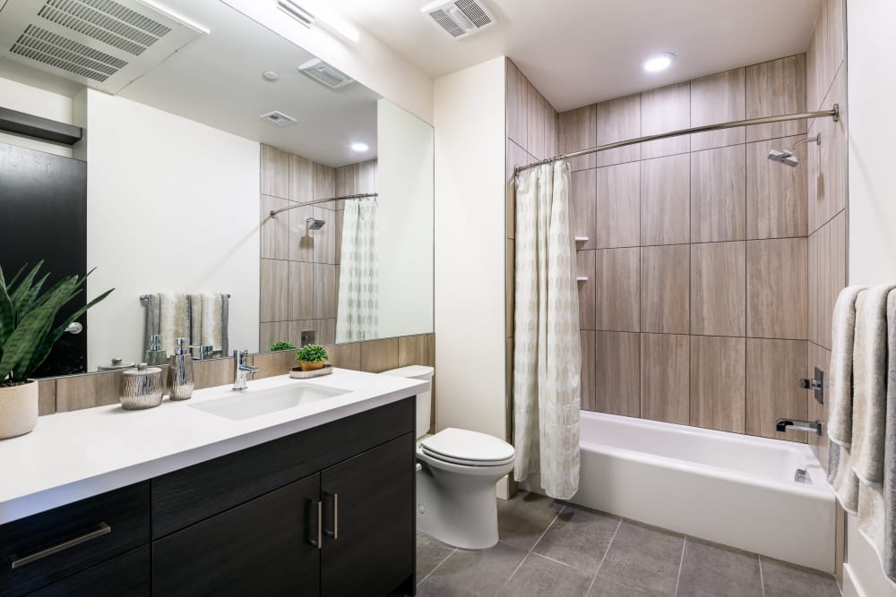 Modern model bathroom at 16 Powerhouse Apartments in Sacramento, California