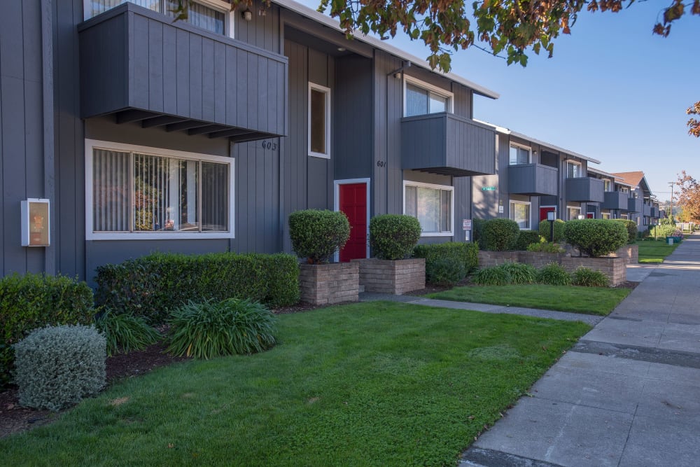 Green grass and walkway at Spring Lake Apartment Homes in Santa Rosa, California