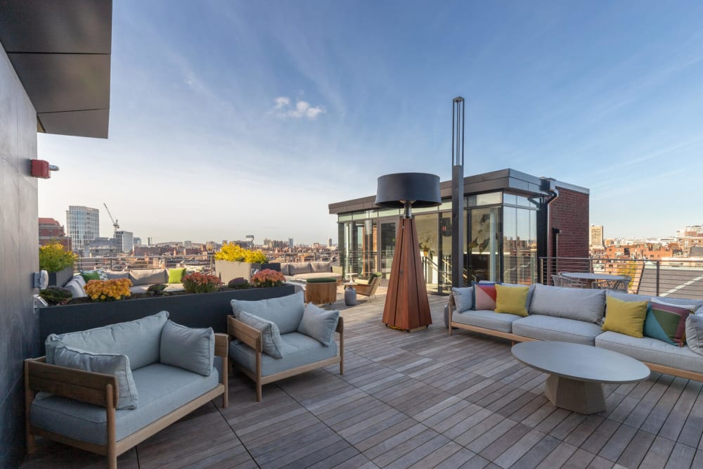 Lounge seating on the roof deck at 28 Exeter at Newbury in Boston, Massachusetts