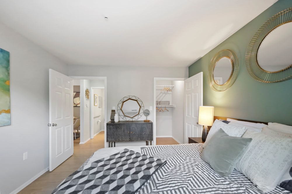 Bedroom with bathroom at Steeplechase Apartments in Largo, Maryland