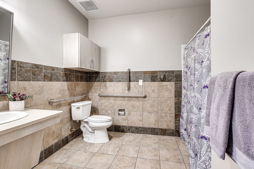 Bathroom with modern design at Iris Memory Care of Nichols Hills in Oklahoma City, Oklahoma