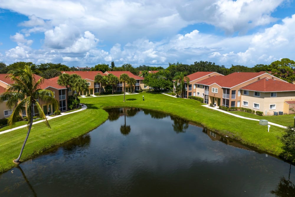 Aerial view of the community pond at Azalea Village in West Palm Beach, Florida