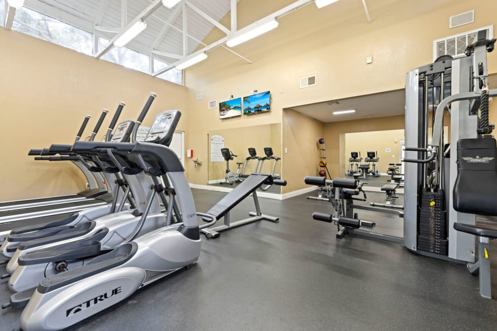 A row of elliptical machines in the fitness center at Azalea Village in West Palm Beach, Florida