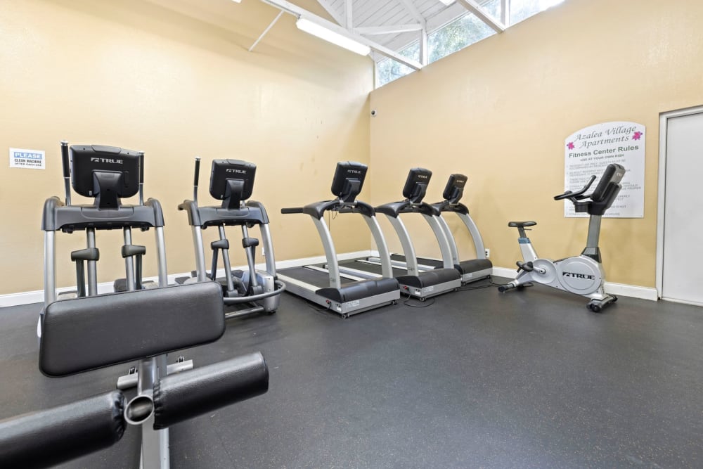 A row of treadmills in the fitness center at Azalea Village in West Palm Beach, Florida