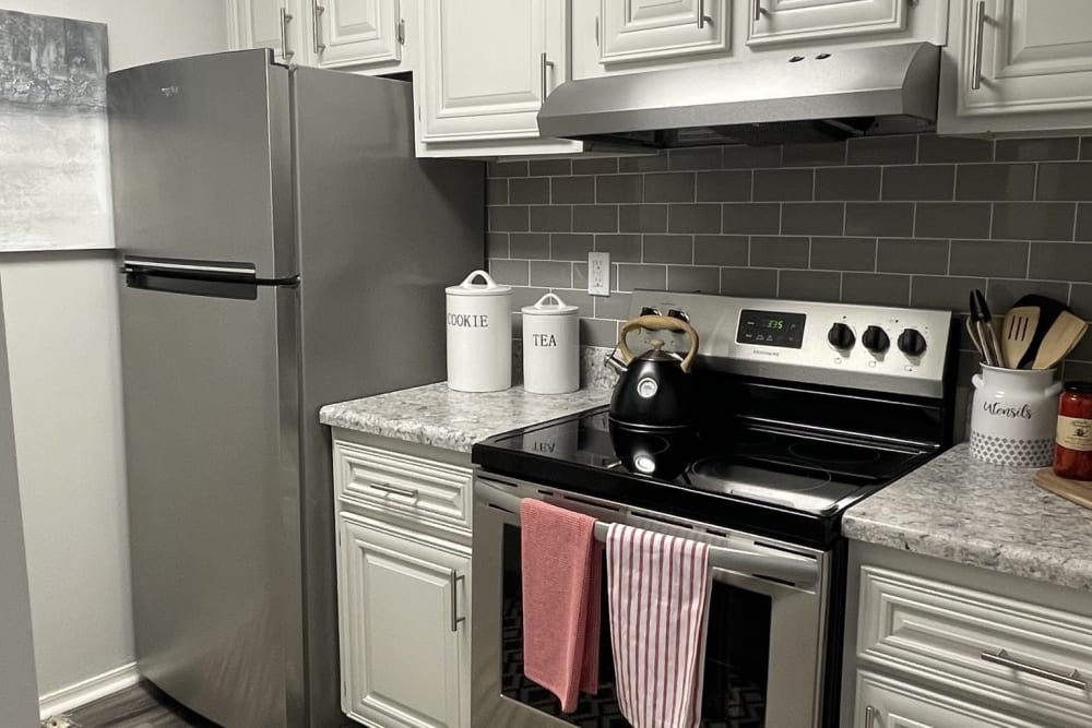 White cabinets and stainless-steel appliances in an apartment kitchen at Chapel Creek in Doraville, Georgia