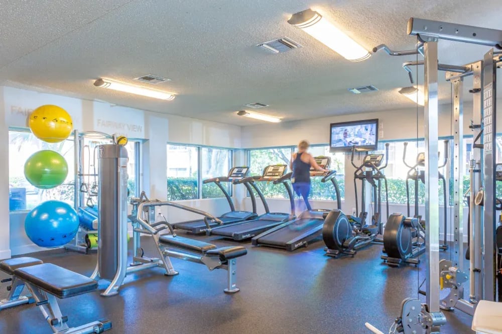 Exercise equipment in the fitness center at Fairway View in Hialeah, Florida