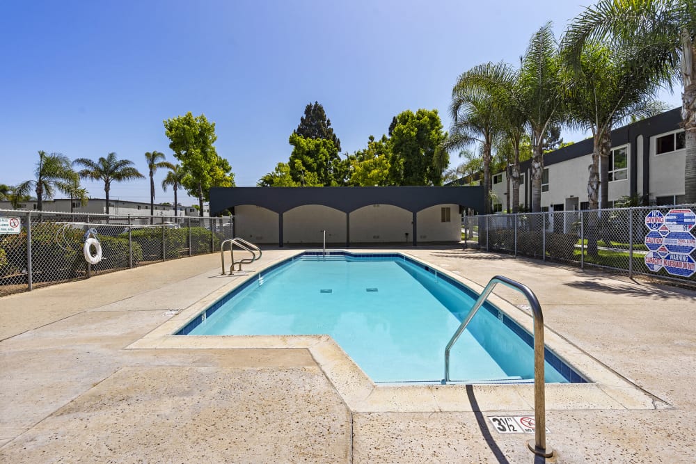 Large deck by the swimming pool at Vista Apartments in Chula Vista, California