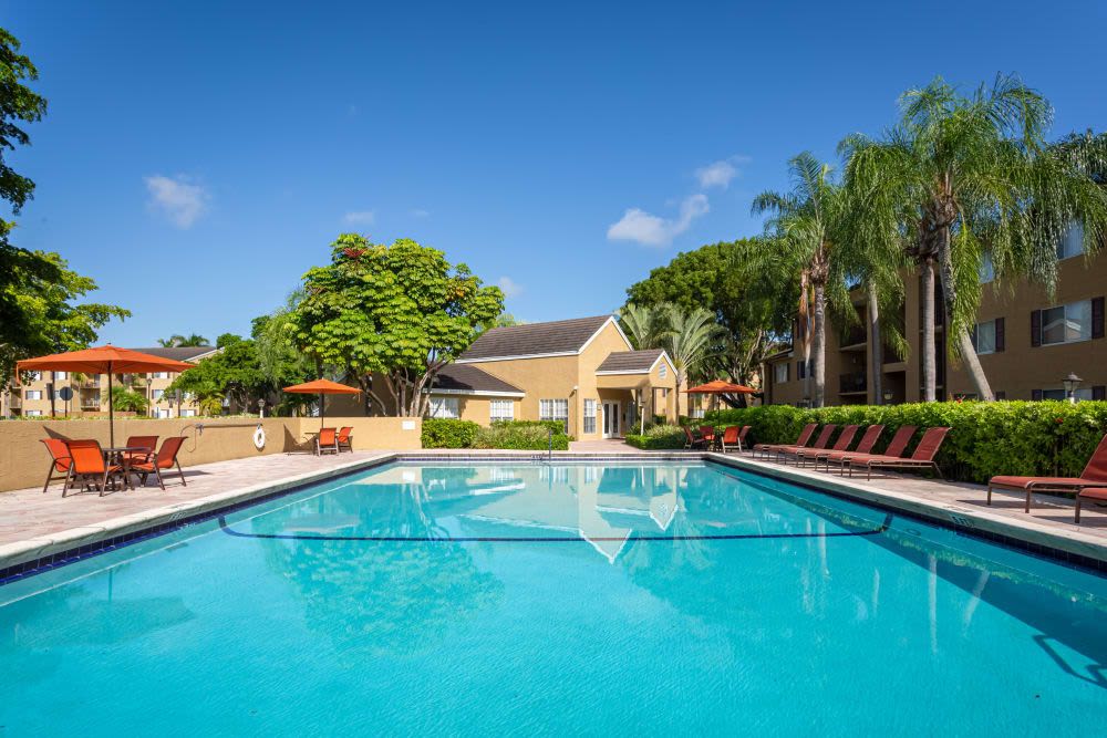 The swimming pool with lounge seating around it at Palmetto Place in Miami, Florida