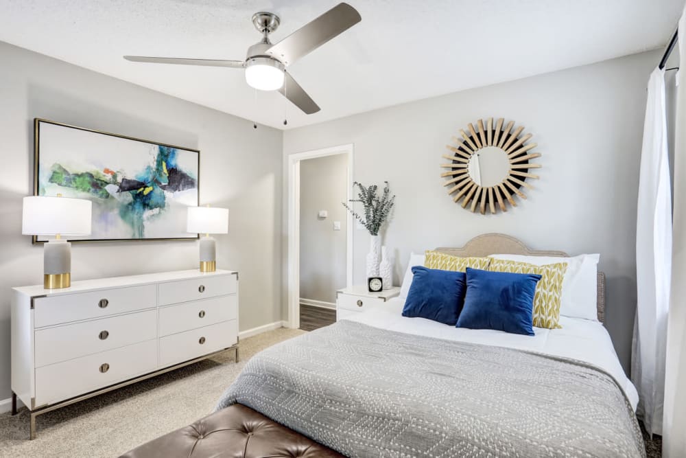 Bedroom with fan at The Laurel Apartments in Spartanburg, South Carolina