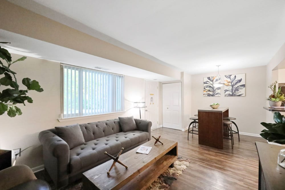 Living room with modern details at The Seasons Apartments in Laurel, Maryland