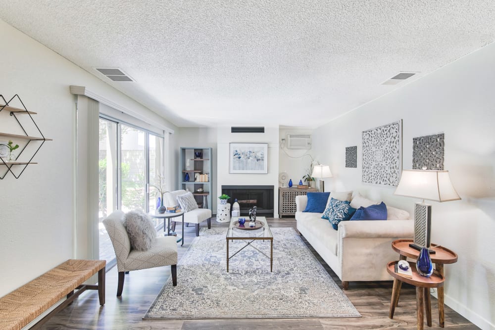 Living room in one-bedroom apartment home at Mediterranean Village Costa Mesa