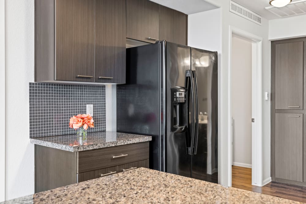 Model unit's kitchen with large refrigerator at Vive in Chandler, Arizona
