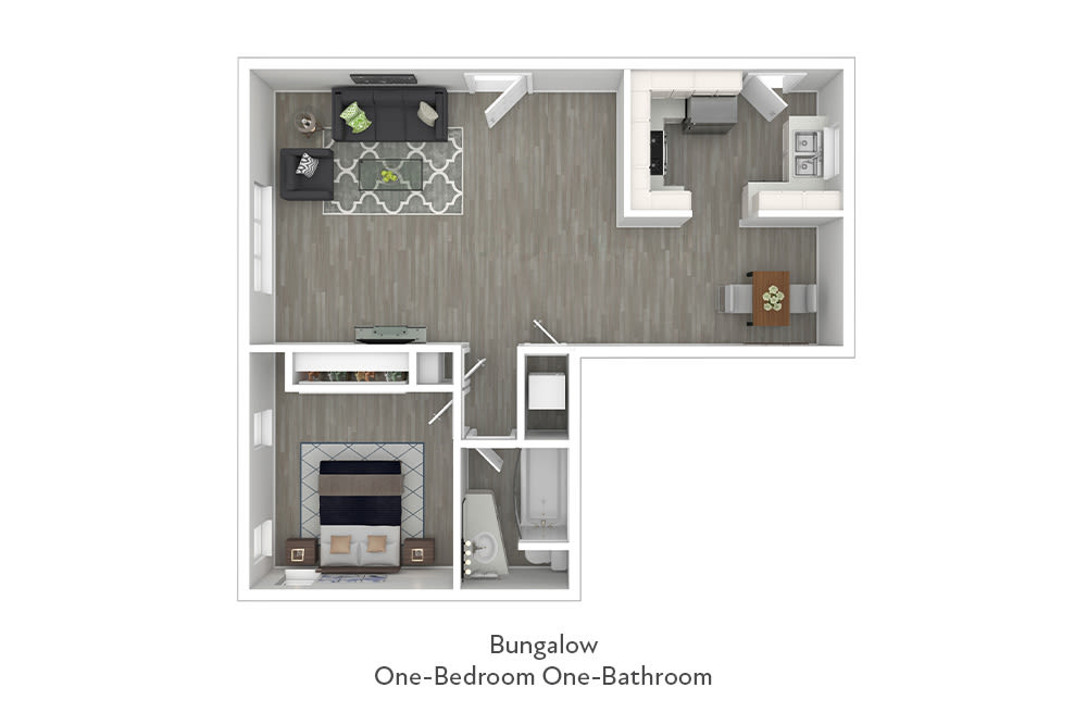 One-Bedroom Bungalow Floor Plan B at Sunset Barrington Gardens in Brentwood Neighborhood in Los Angeles, California