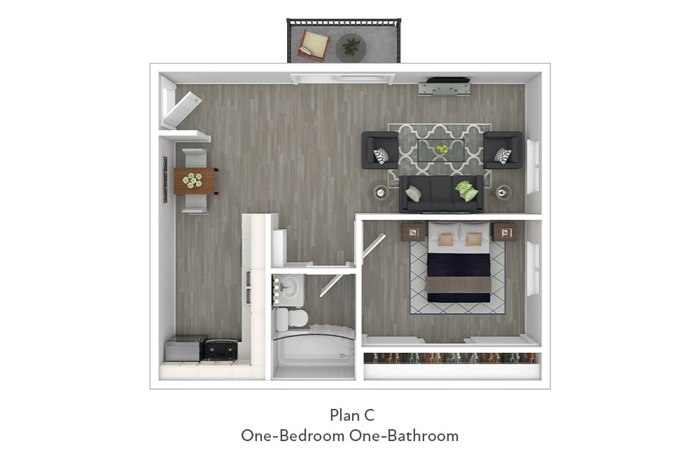 One-Bedroom Floor Plan C at Sunset Barrington Gardens in Brentwood Neighborhood in Los Angeles, California