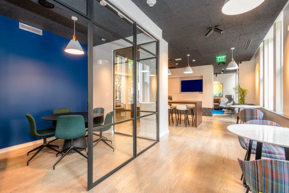 Resident office spaces and lounge at One India Street Apartments in Boston, Massachusetts