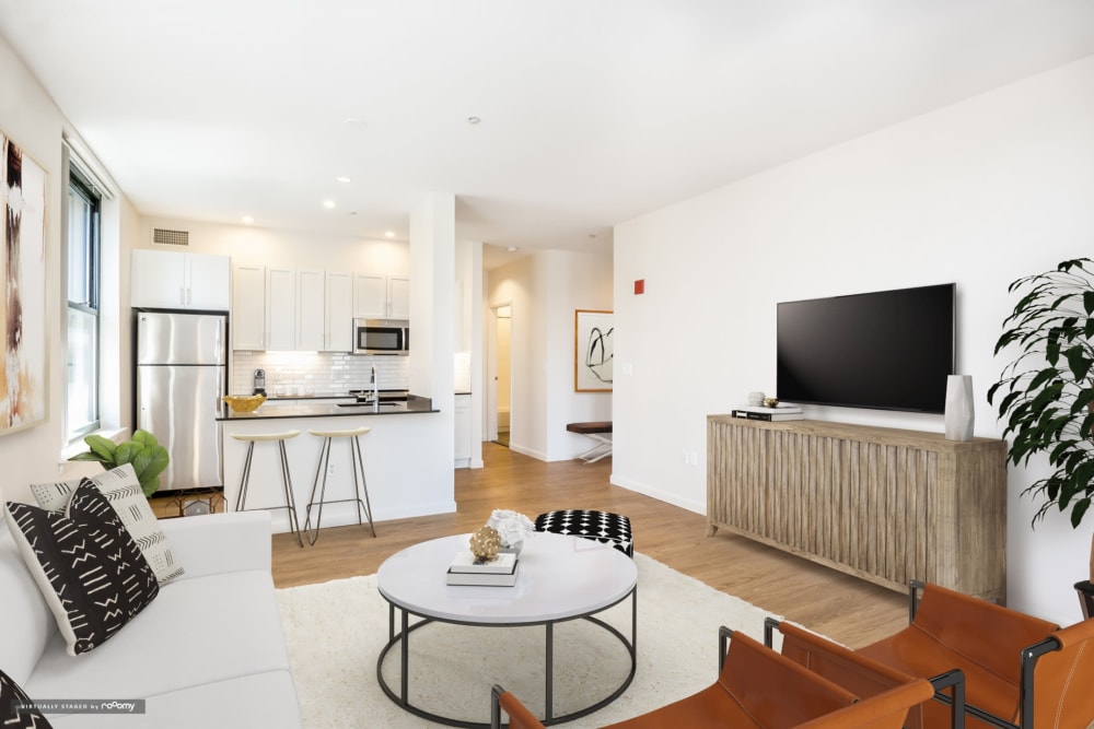 Spacious apartment living room with large area rug and large television at One India Street Apartments in Boston, Massachusetts