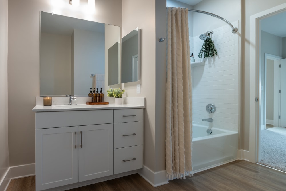 Bathroom with white cabinets and tub, shower combo at Elms at the Refuge in Laurel, Maryland